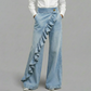 Women’s Asymmetrical Ruffle Wide-Leg Denim Pants