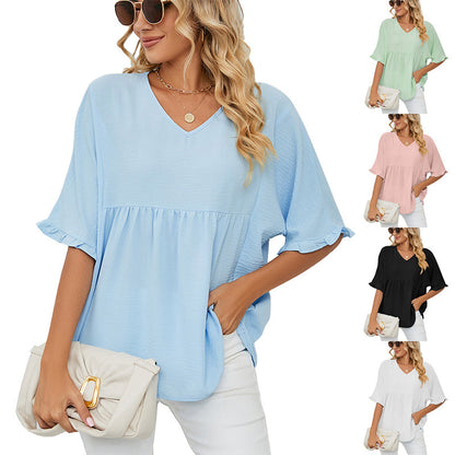 Women's V Neck Short Sleeve Casual Blouses Tops