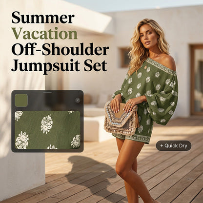 💞50K+ SOLD!🌸Bohemian Off-Shoulder Printed Jumpsuit Set