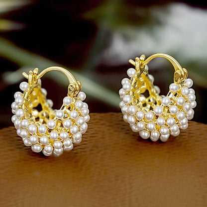 Faux Pearl Basket Hoop Earrings