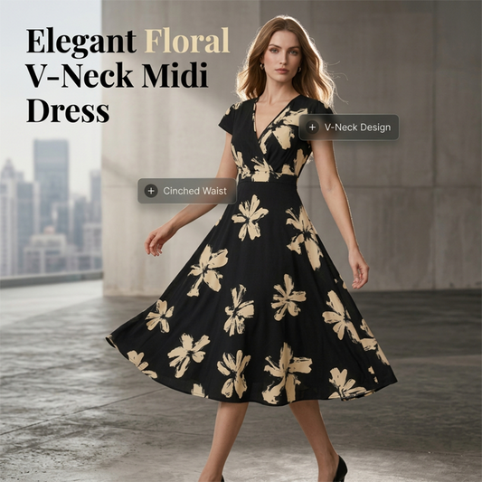 👗Women's Casual Printed V-Neck Ruffle Dress🌺
