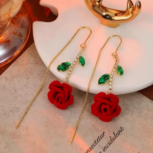 Red Rose Threader Earrings with Crystal Stem