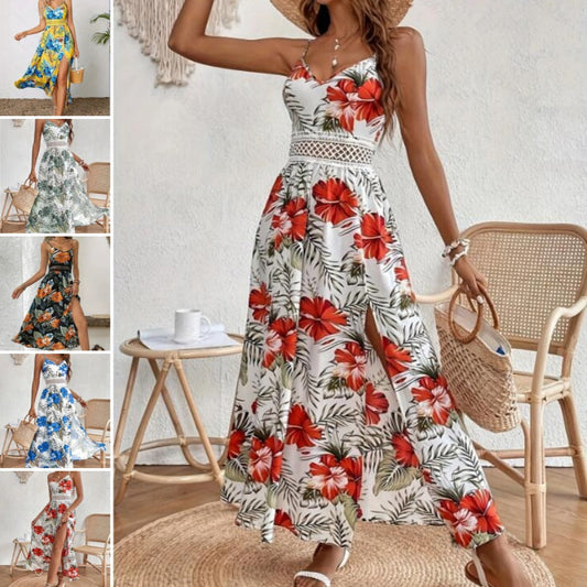 Women’s Floral Print High Slit Spaghetti Strap Flowy Dress