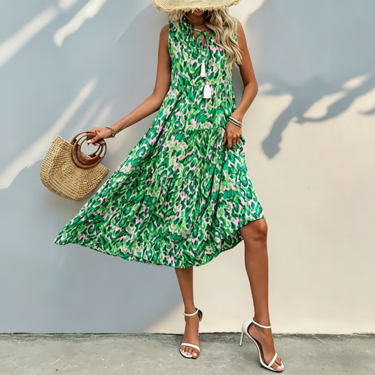 Women's Sleeveless Abstract Print Tiered Midi Dress