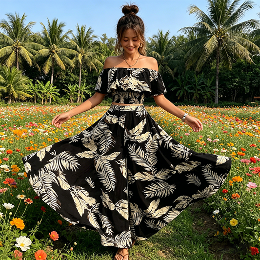 Women's Tropical Leaf Print Off-Shoulder Two-Piece Set