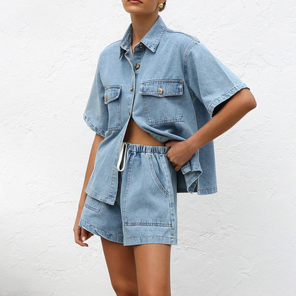 ✨ Denim Shirt & Shorts Set - Casual Comfort!