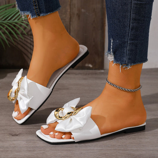 Bow & Chain Decor Flat Slide Sandals