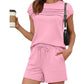 📢📢40% OFF !! ⏰Women's Pintuck T-Shirt & Drawstring Shorts 2-Piece Set