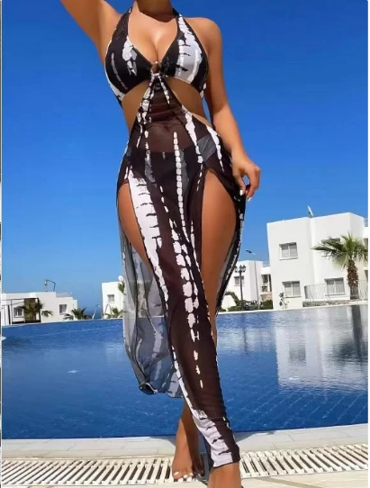 Striped Two-Piece Swimsuit with Tie Neck and Ring Details