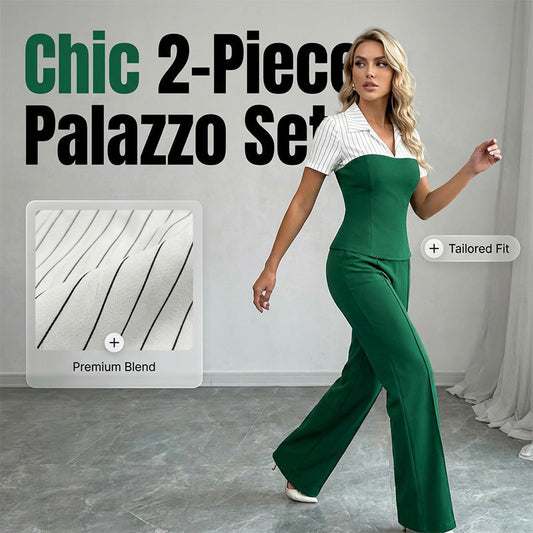 💫Striped Lapel Set – Tee & Palazzo Pants, V-Neck, Flowing, Elegant 🍂