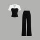 💫Striped Lapel Set – Tee & Palazzo Pants, V-Neck, Flowing, Elegant 🍂