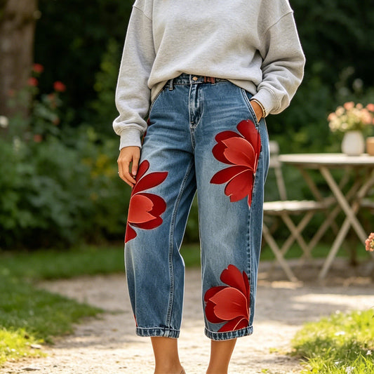 👖 50% OFF! ✨Women's Floral Wide-Leg Jeans – Unique Appliqué, Soft, 6 Colors 🌸