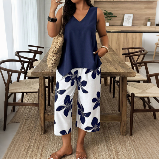 Women's Asymmetrical Top & Floral Capri Pants Set