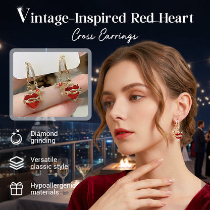 Vintage-Inspired Red Heart & Cross Earrings