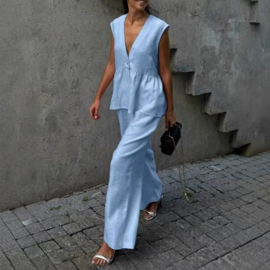 Solid Color V-Neck Sleeveless Top & Wide Leg Pants Two-Piece Set