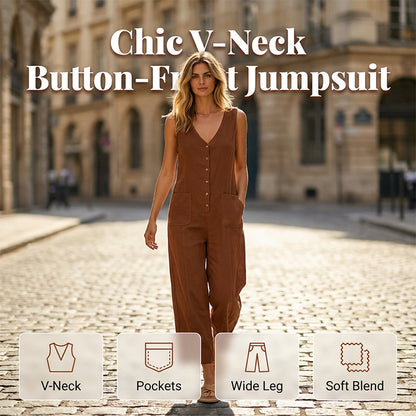 🌸Women's Sleeveless V-Neck Button-Front Jumpsuit