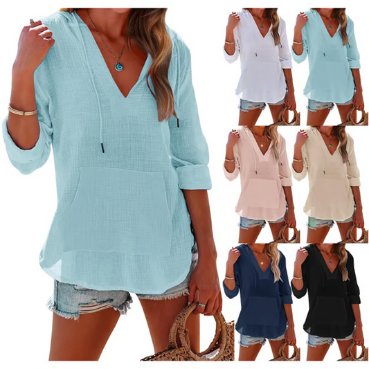 Women's Solid V-Neck Long Sleeve Hooded Top with Pocket