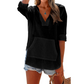 Women's Solid V-Neck Long Sleeve Hooded Top with Pocket