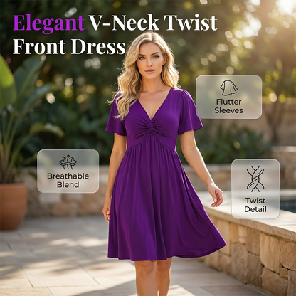 👗 50% OFF NOW! 🌸 Elegant V-Neck Twist Front Dress with Pockets