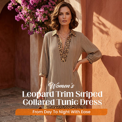 Women's Leopard Trim Striped Collared Tunic Dress