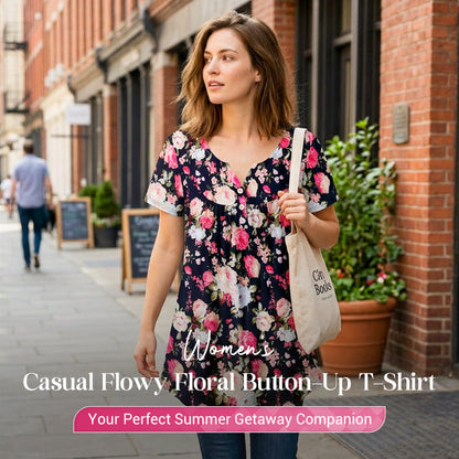 Women's Casual Flowy Floral Button-Up T-Shirt