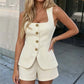 👚50% OFF!✨Square Neck Vest & Shorts Set – Elegant Neckline, Gold Buttons, Structured Fit 🥂