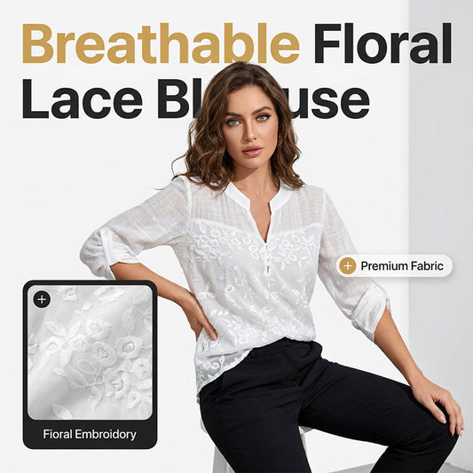 👚50% OFF!✨Lace Panel V-Neck Blouse – Embroidered, Roll-Up Sleeves, Effortless Chic 🌸