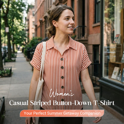 Women's Casual Striped Button-Down T-Shirt