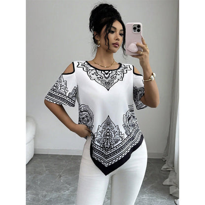 Boho Chic Cold Shoulder Top Irregular Hem Short Sleeve Tee