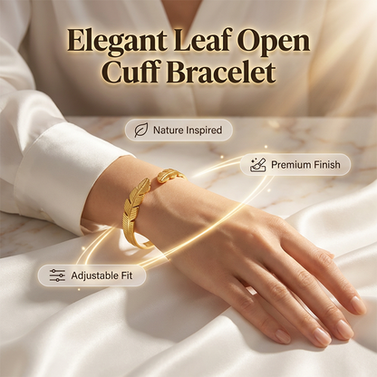 18K Gold Plated Leaf Open Cuff Bracelet | Adjustable Stainless Steel Nature Bangle for Women