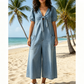 ☀️Effortless Summer Chic-Loose Fit V Neck Tie Front Wide Leg Romper for Women🌴