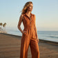 Women's Sleeveless Button-Front Wide-Leg Jumpsuit