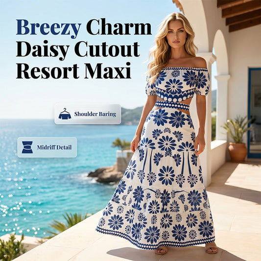 Women’s Off-the-Shoulder Waist Cutout Daisy Printed Resort Dress