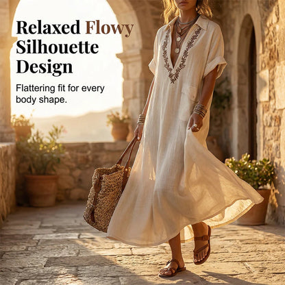 🔥Women's Minimalist Linen Blend Embroidered Short-sleeved Shirt Maxi Dress