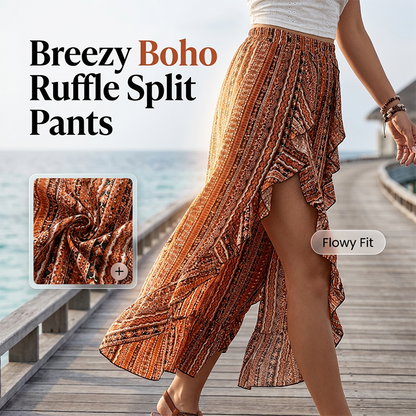 Women's Elastic Printed Ruffle Split 7/8 Pants