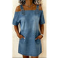 Women‘s Denim Dress with Adjustable Buckles and Pockets