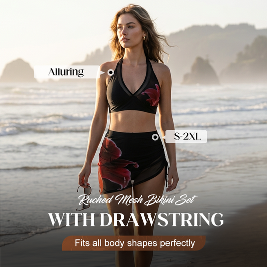 Ruched Mesh Bikini Set with Drawstring