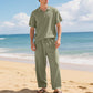 Men's Casual Linen Blend Shirt and Pants Set Loose Fit Beach Wear