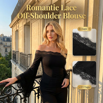 Women’s Chic Black Slim Fit Off-Shoulder Flare Sleeve T-Shirt