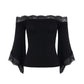 Women’s Chic Black Slim Fit Off-Shoulder Flare Sleeve T-Shirt