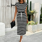 Women's Striped Drawstring Waist Split Midi Dress