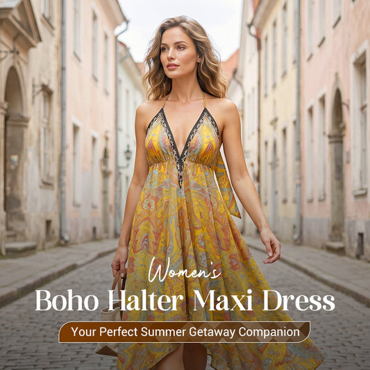 🏵️New Arrival💕Women's Boho Deep V Halter Maxi Dress