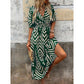 Chevron Print V-Neck Puff Sleeve Midi Dress