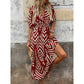 Chevron Print V-Neck Puff Sleeve Midi Dress