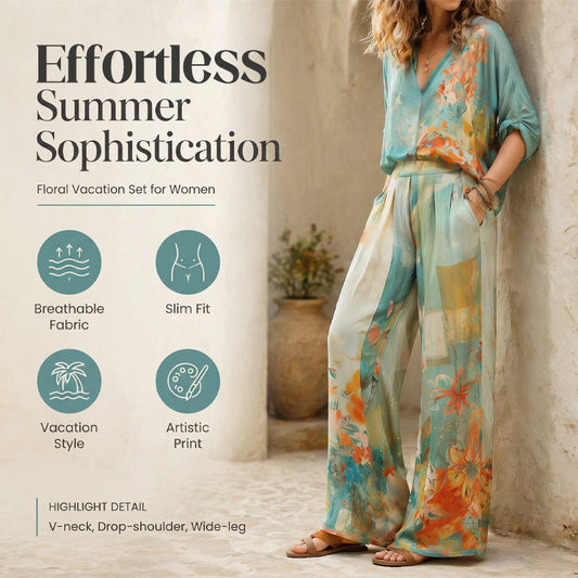 Women's Artistic Print V-Neck Top & Wide-Leg Pants Set