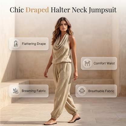 📢 LIMITED TIME 50% OFF! 👗 Chic Draped Halter Neck Jumpsuit – Breathable Wide-Leg Silhouette & Elegant Day-to-Night Style ✨