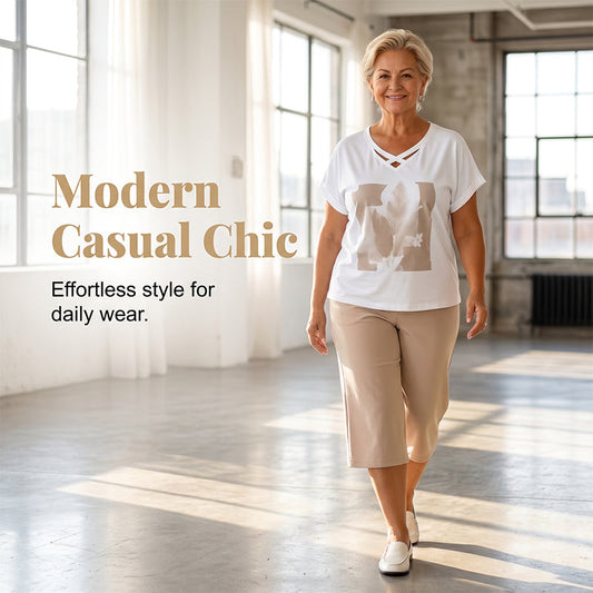 📢📢40% OFF !! ⏰Women Casual Two Piece Set V Neck Tee and Cropped Pants