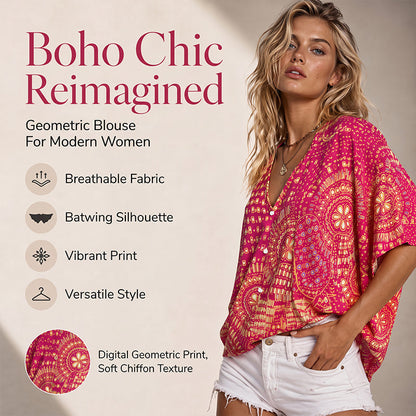 Women's V-Neck Boho Print Batwing Sleeve Top