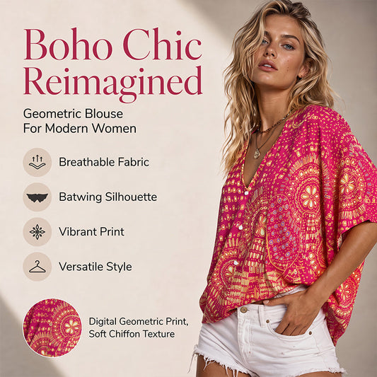 Women's V-Neck Boho Print Batwing Sleeve Top