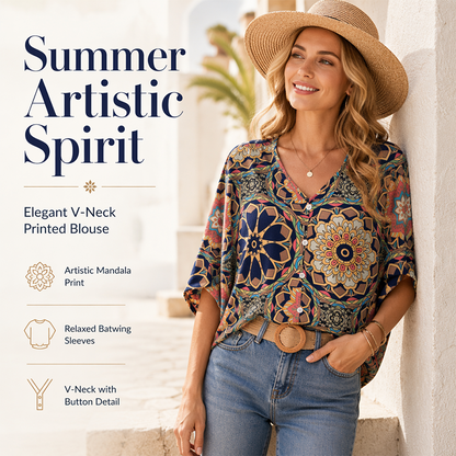 🔥50% OFF!!💝Women's V-Neck Bohemian Print Blouse Summer Loose Fit Shirt